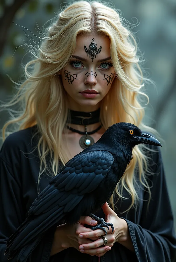 Creer moi une photo portrait d’une sorcière au cheveux blond, avec des motifs de sorcière sur le visage. Elle tient un corbeau dans les mains 