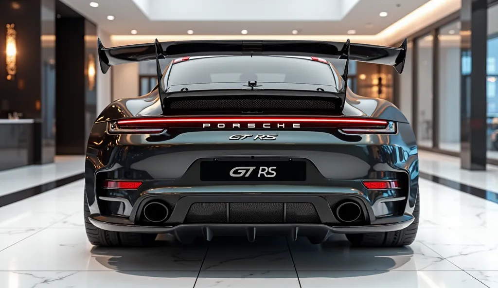 create an ultra-detailed 3D render back bumper view, of a modern 2025 Porches GT3 RS with a bold designy looking long like limousine captured from back bumper view. The car should feature a 'Gleamy oily metallic Gary' color and black accents with a 'Porche...