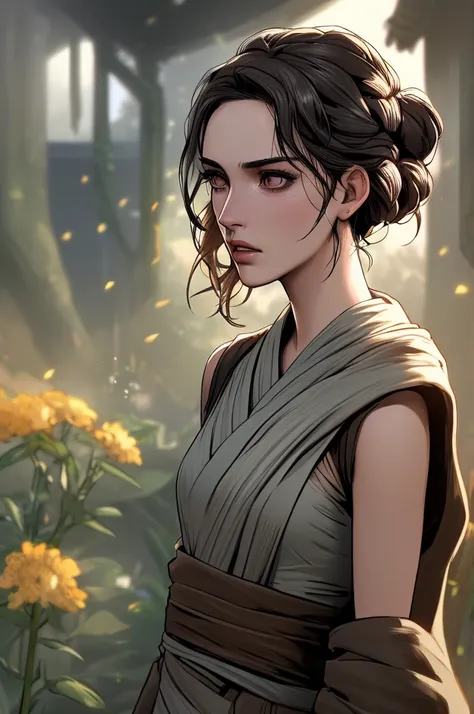 manga charactor of rey, jedi girl, emerging from star wars  ,ภาพถ่ายครึ่งตัว, face, finely detailed eyes, moody, fallout clothes, 