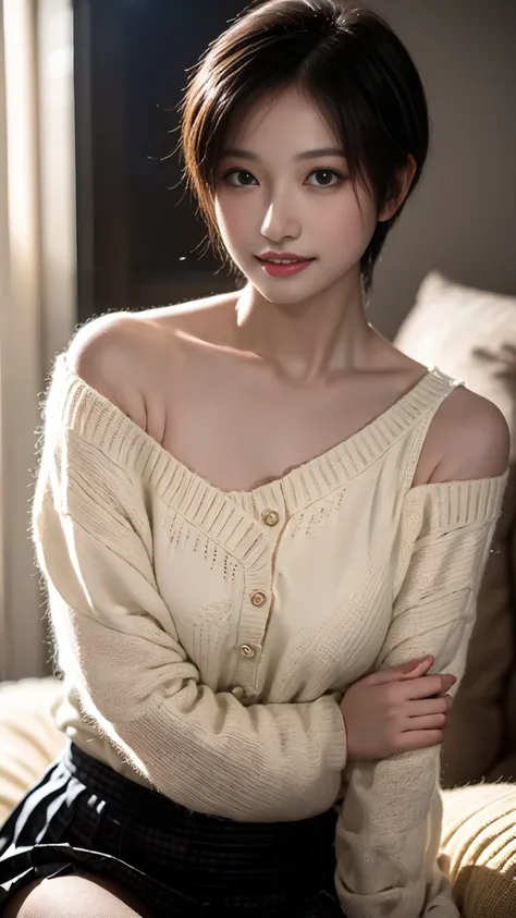 1girl, Asian, short black hair, smile, mischievous smile, sweater, one shoulder exposed, knitted mini skirt, relaxing, home living room, sofa, warm atmosphere, natural pose, relaxed expression, soft lighting, high quality, 8K ultra realistic, (professional...