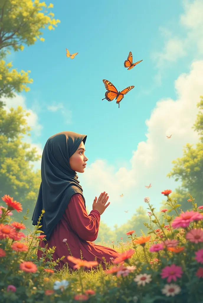 "A young Islamic girl, around , with a modest dress and hijab, sitting in a beautiful garden filled with colorful flowers.Amina Watching a Butterfly in the Sky

"Amina stands outside in the same garden, watching a butterfly soaring into the bright blue sky...