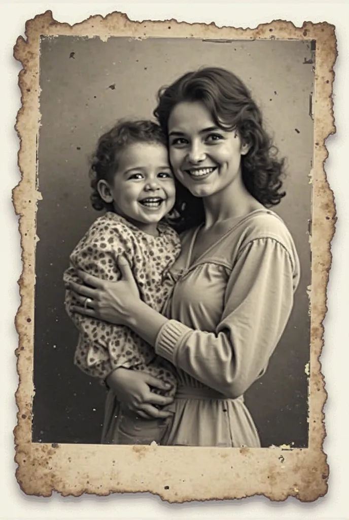 "A 3D pixel-art style old black-and-white photograph with slightly torn edges. The image in the photo is faded but shows a woman holding a , both looking happy. The photograph has visible creases and dirt smudges, giving it an ancient and nostalgic feel."