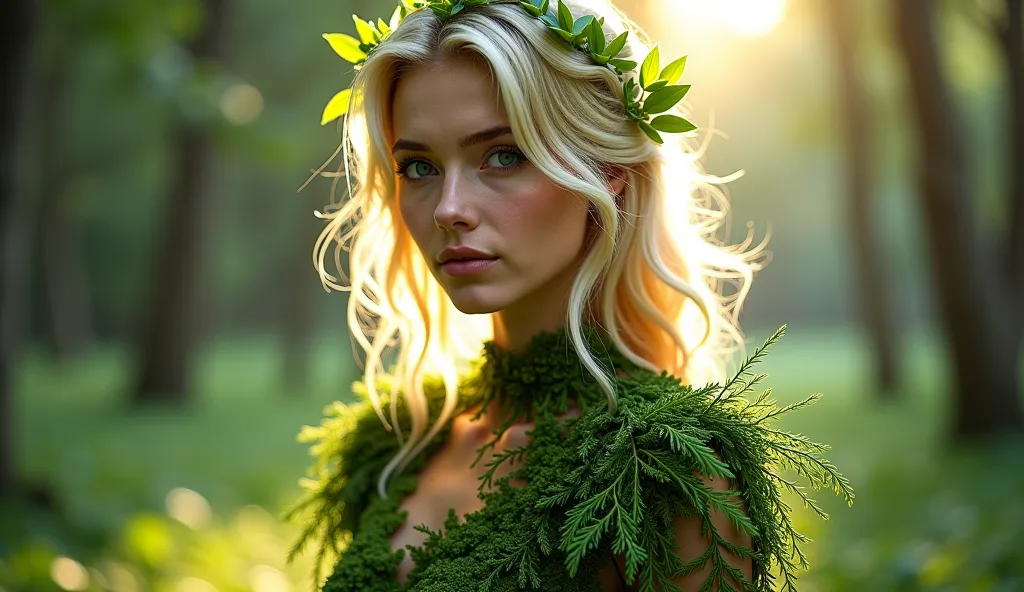  A woman with a magical aura .  Dressed in a dress similar to green dirt that partially covered her arms, Grass was what was in her clothes as well as branches and leaves ,  her hair was blond , as clear as the sun .  Her eyes were blue like crystal clear ...