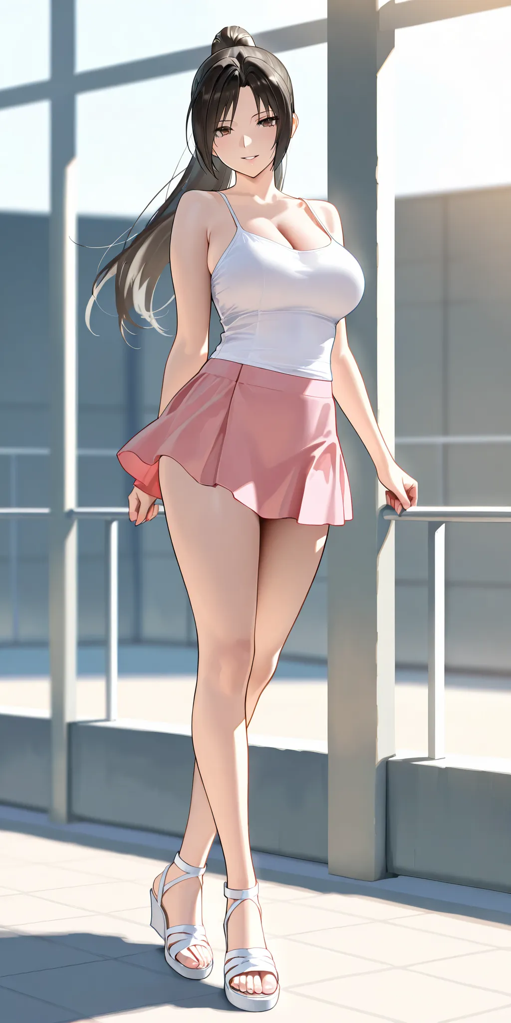 Masterpiece, elegant mature woman, mai shiranui\(king of fighters\), high ponytail long hair, tall body, white camisole, pink tennis skirt,  white gladiator style strappy sandals, full body, parted lips, smile, dynamic lighting, ultra detailed, highres, ab...