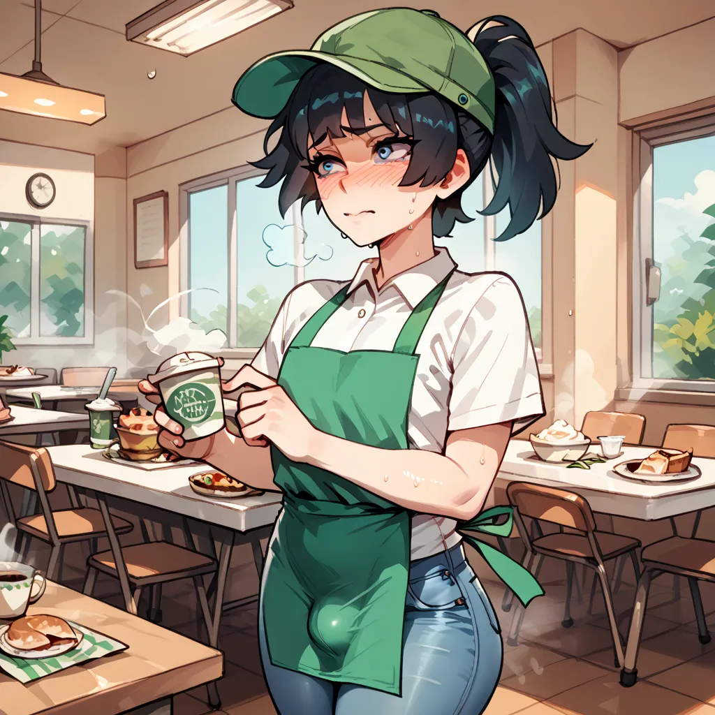 Femboy boy, short black hair with a ponytail back, dressed in a green apron, a white shirt, jeans, green cap, with a large bulge in his crotch, cafeteria, sweat, steam, breath, nervous.