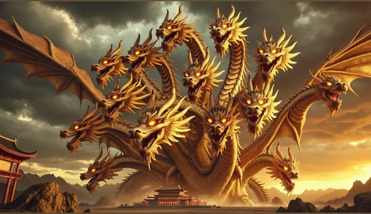 “A colossal, mythical, golden hydra with nine fearsome heads towers over an ancient Asian palace. Each head has fierce, glowing orange eyes and sharp, menacing teeth. The hydra’s golden scales shimmer in the light of the setting sun, and its long, sinuous ...