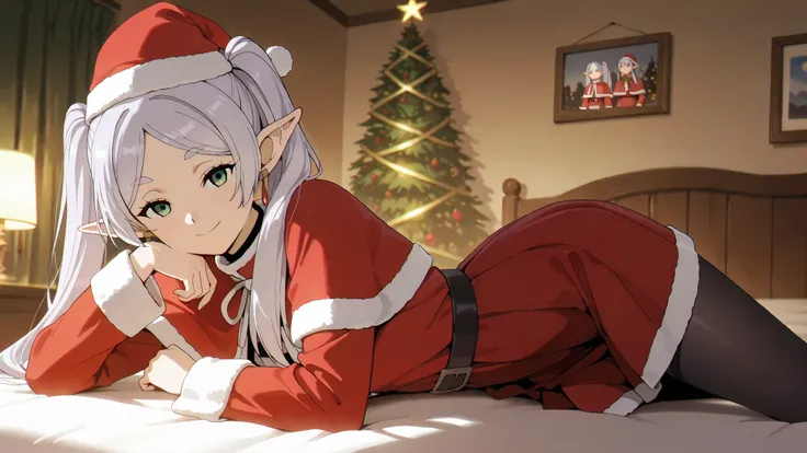 (masterpiece), best quality, absurdres, very aesthetic, looking at the viewer, nice hands, 1 girl,zzFrieren, long hair, smile, twintails, green eyes, grey hair, pointy ears, elf, zzFrieren, long hair, twintails, green eyes, grey hair, pointy ears, elf, sh...