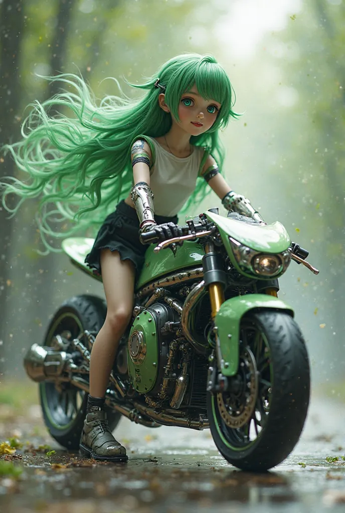 Animate scene, a young girl with green long hair, wearing black color skirt, turn into an motorcycle, her both hand holding the front wheel, her both leg holding the rear wheel