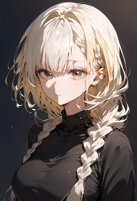 Best Quality, excellent performance, Sakawa Style , white hair,  Blonde eyes  ,  , upper body,hair, Braid,Black white eyes ,hairหน้าม้าปิด,G cup breast,Manga