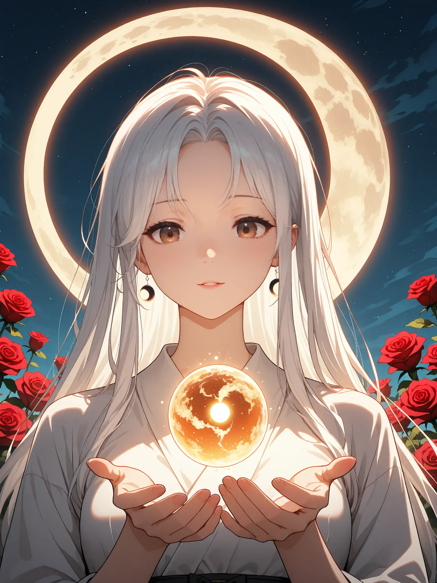 1girl, solo, 1xgnh1, High quality Illustration cinematic render of Sailor Moon korean female character with brown eyes and white hair. There is a giant moon visible beyond her. Red roses. 