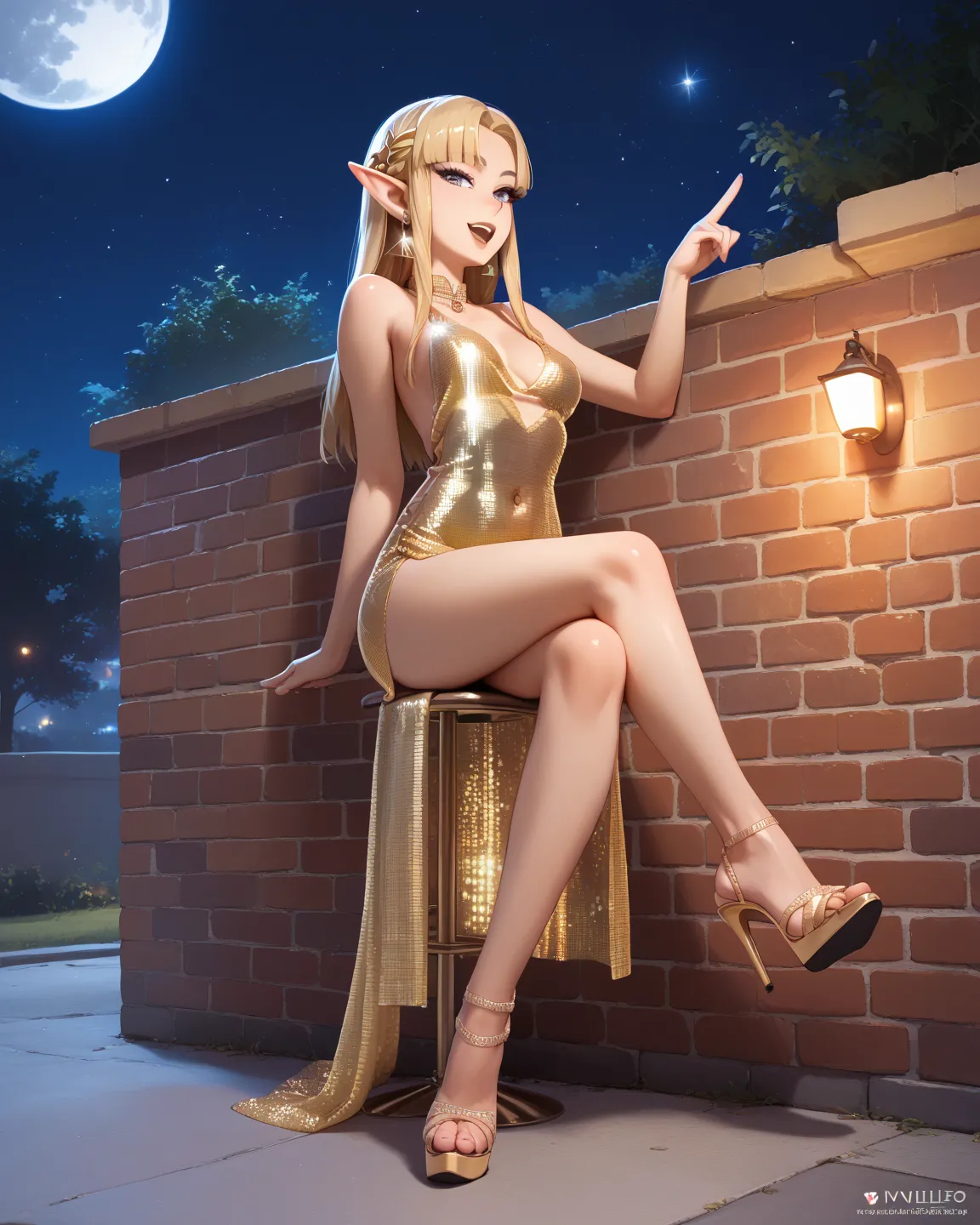 score_9, score_8_up, score_7_up, score_6_up, source_anime, anime, solo, 1girl, zzZelda, blonde hair, jewelry, disco dress, microdress, full body, high heels, outdoors, sitting on little wall, night, moon, stars, moonshine, seductive face, one finger at lip...