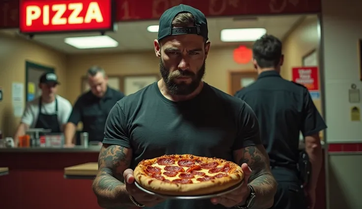 A highly detailed and cinematic image of a bearded man with a serious, intense expression standing in front of a pizza restaurant, holding a pepperoni pizza with both hands. He wears a backward black cap, a fitted dark t-shirt, and has visible tattoos on h...