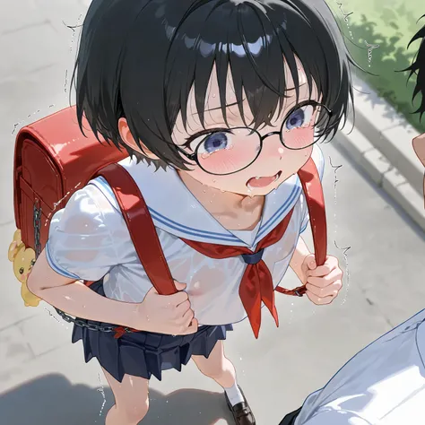 cute girl，  elementary school toddler flat chest、、 school uniforms、black hair short hair、Glasses、 Tearful eyes inside the store 、Park with lake and forest 、Bright outdoors、carrying a red rucksack、Leaning forward、opens legs 、 Carrying a red rucksack that at...