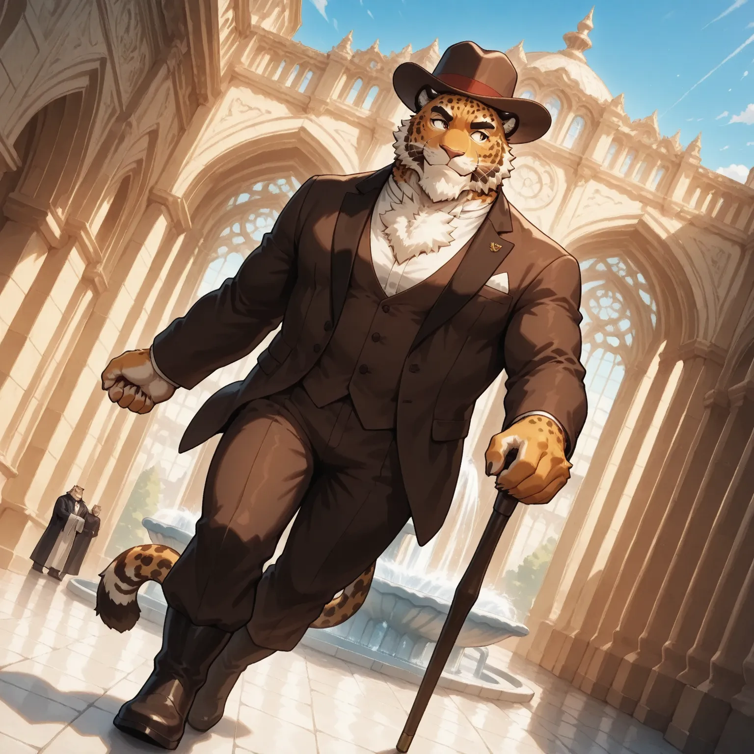 character focus, full body, looking away, dynamic angle, gentleman, middle-aged british jaguar man, elegant, little smile, gentleman suit, gentle man slacks, silk hat, stylish walking stick, strolling, elegant pose, BREAK full body in Michelangelo Buonarro...