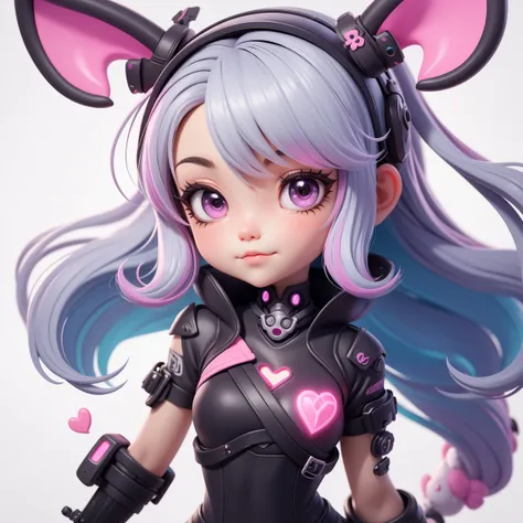 A collection of 6 chibi-style anime cyberpunk bunny girls, each with unique poses and expressions. They wear sleek, futuristic bodysuits with glowing neon blue and pink accents, robotic bunny ears, and cybernetic details. One holds a tiny glowing katana, a...