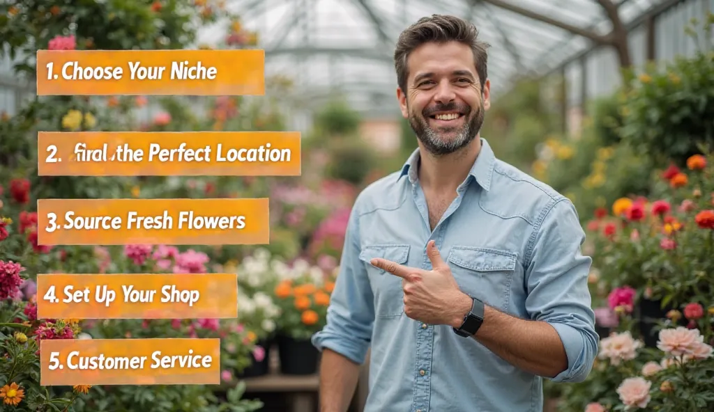 A high-definition image designed for a YouTube video, visually presenting all six steps to start a flower shop. The image features a beautiful flower nursery in the background with vibrant flowers and lush greenery. A friendly man stands in the foreground,...