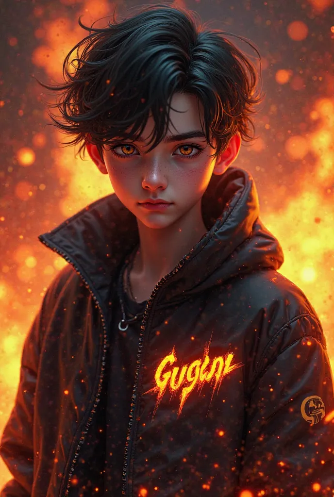 HD image of cool gamer boy and his jacket have written "GUSION" with flame background.