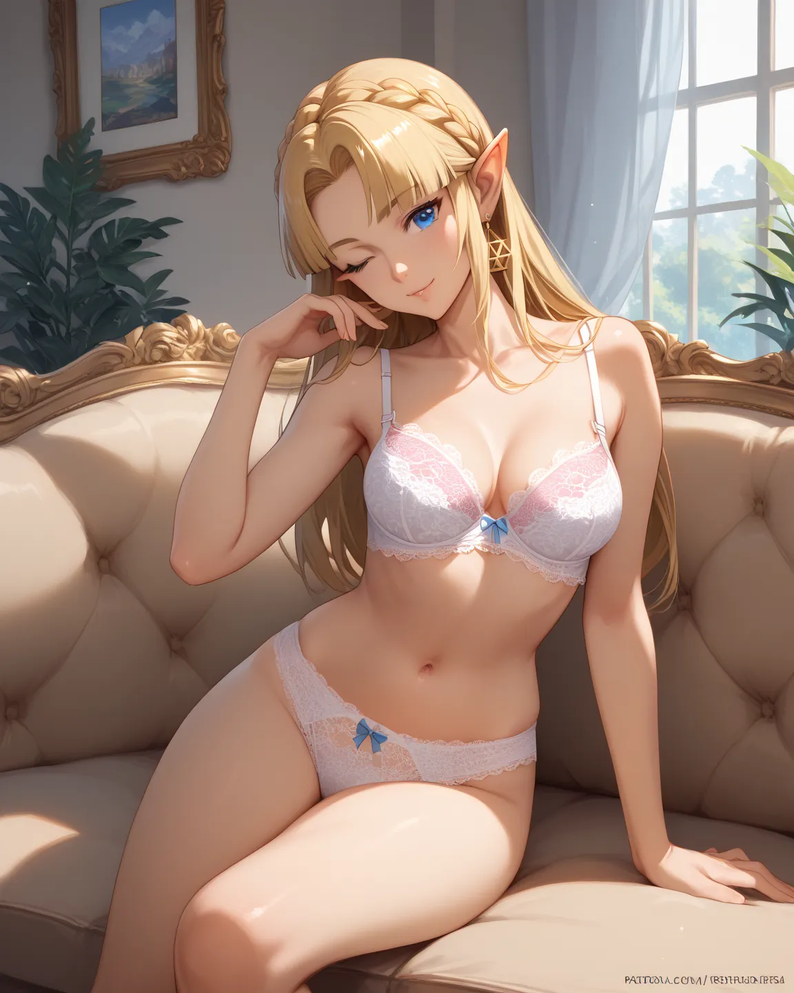 zzZelda, blonde hair, blue eyes, jewelry, score_9, score_8_up, score_7_up, score_6_up, source_anime, anime, masterpiece, best quality, naked, lace-trimmed bra, lace-trimmed panties, lingerie, living room, one eye closed, posing, posing for the viewer, sedu...