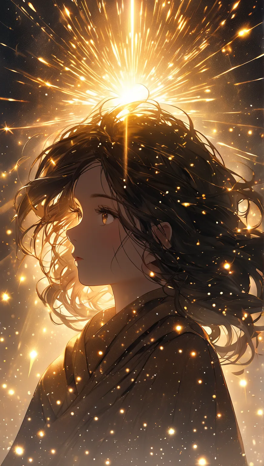 { Worst Quality , Low quality},girl standing in a dark place , Wrapped in particles of light、Illuminated by sparkling golden sparks、 the mysterious shadow of a shining lion rises above her head。. The soft lighting creates a magical atmosphere、 create a mys...