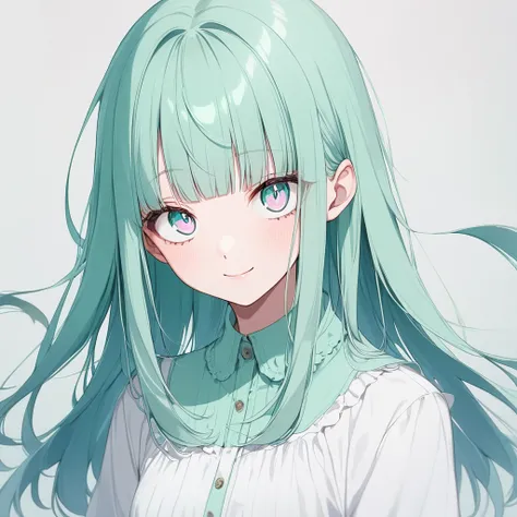 anime, looking away from the camera, woman, 20years old, slim, big eyes, double eyelids, mint color eyes, blunt bangs straight long, mint color hair, playful smile, 