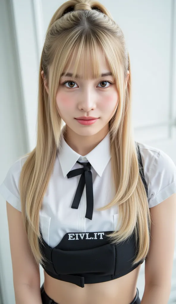    Silky Smooth Hair   、 his hairstyle is straight 、Long Hair That Reaches to the Chest、 、miniskirt、bangs、blonde long hair、ponytail、(Hairstyle with hair bundled together at the back、ponytail)、uniform