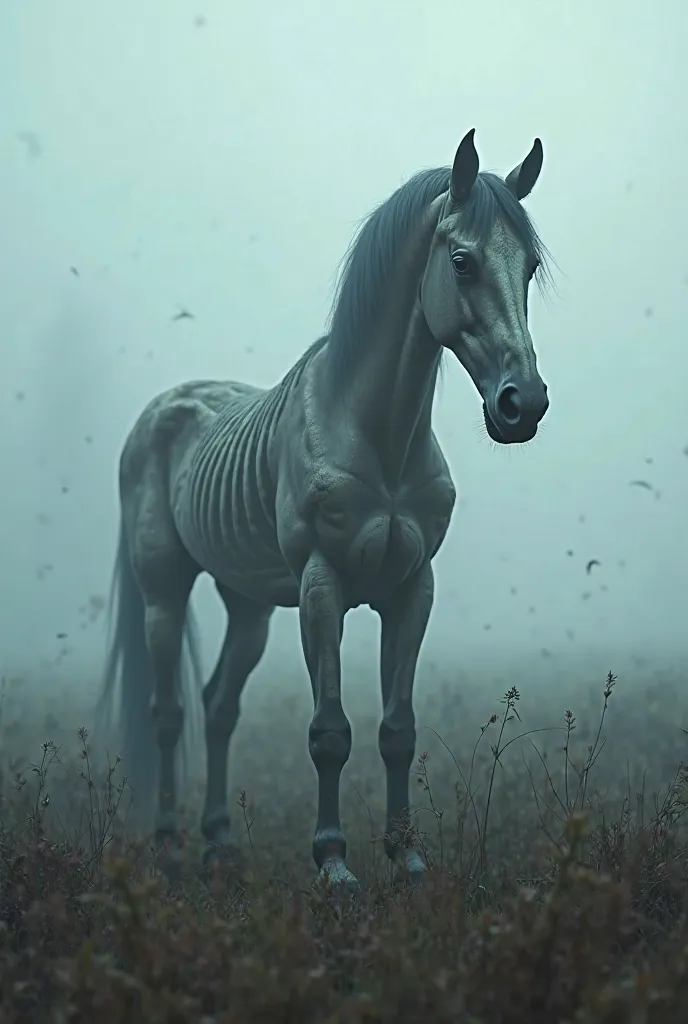 "A realistic horse with half of its body as a skeleton, standing in a misty field, eerie lighting, ultra-detailed, cinematic shot