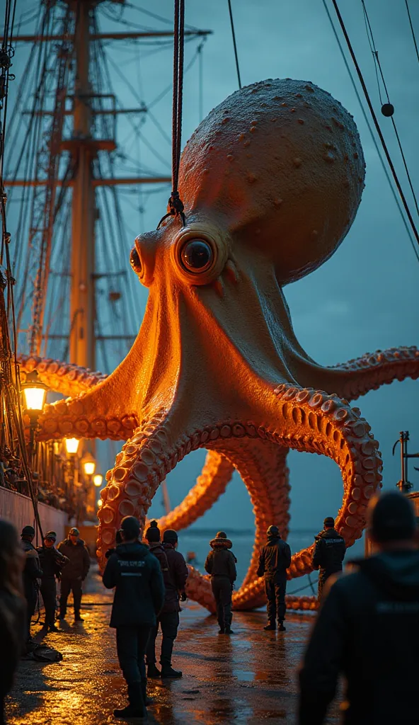 "   A giant octopus with textured golden-brown skin being hoisted until dusk from a ship.   The octopus has highly detailed tentacles and expressive eyes  ,   with reflections of orange and yellow lights illuminating his body  .   A group of sailors and ph...