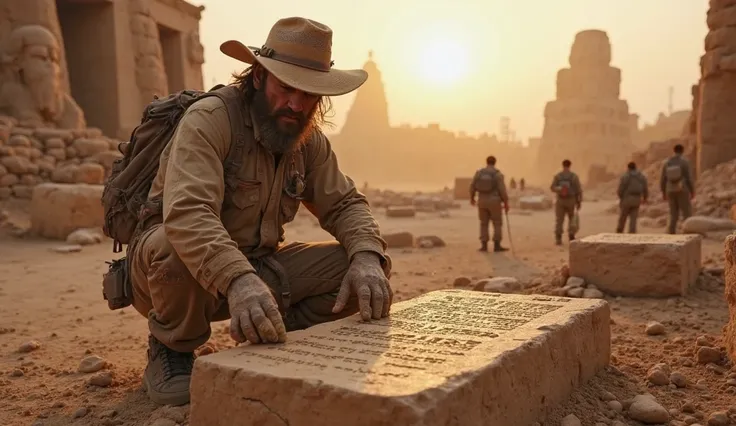 "A rugged archaeologist kneels beside an ancient excavation site, brushing away dust from a mysterious stone tablet covered in forgotten inscriptions. He wears a beige exploration outfit with a wide-brimmed hat, his face partially covered in dirt from long...