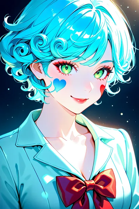  Girl with curly hair , long light blue color, green eyes, red makeup in the shape of a circle on the cheeks, a light blue dress suit with a red bow on the neck and a black mini short, green eyes and long light blue hair, She is smiling