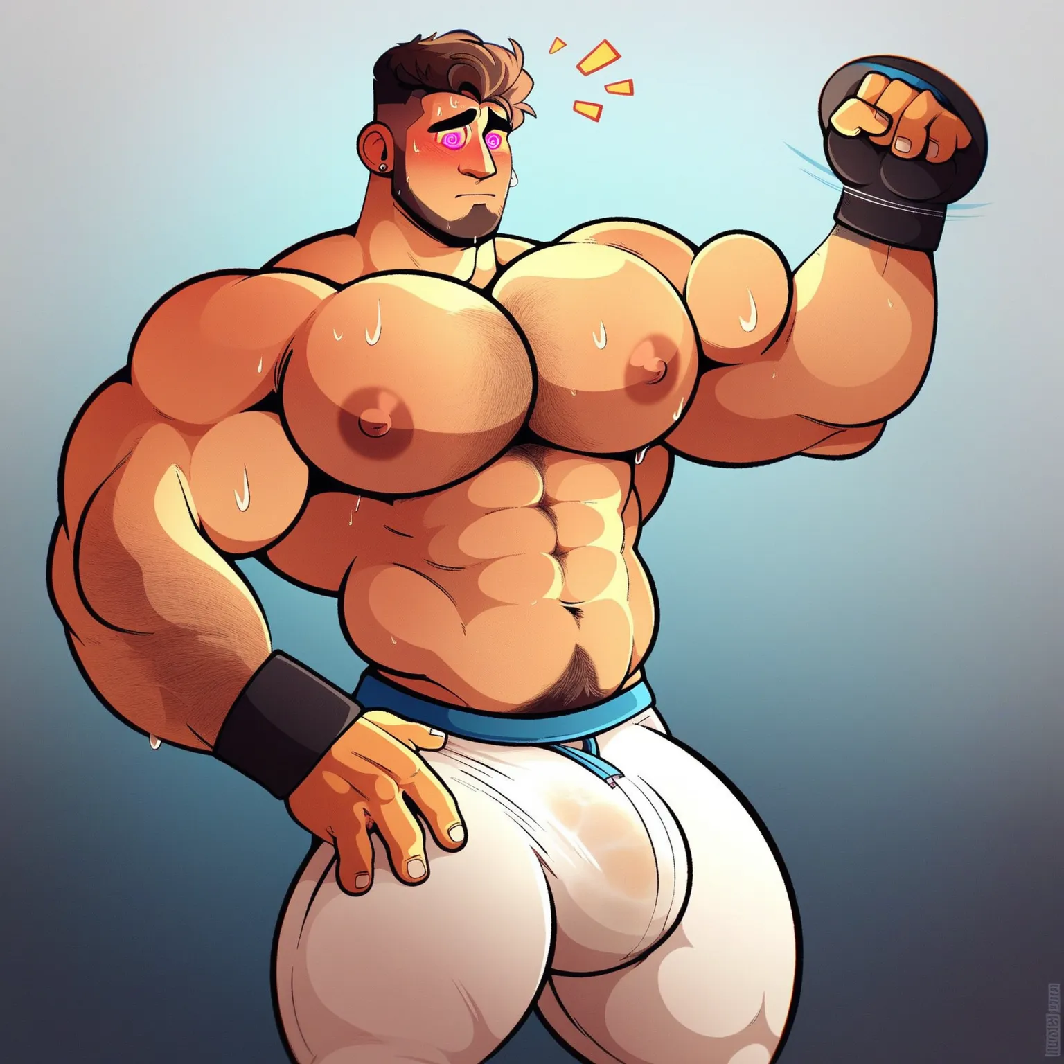 1bara, bara, male focus, solo, muscular male, big pecs, male nipples, solo, big hyper bulge, tight clothing, standing, sweat, embarrassed, white pants, wet clothes, topless  BREAK score_9, score_8_up, score_7_up, score_6_up, "I feel ... weird, bro. Like, u...