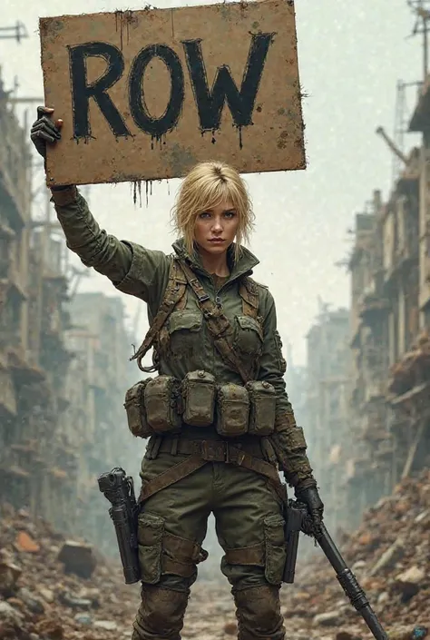 Apocolyptic female blonde soldier holding placard thats says Row 