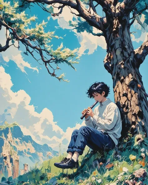 A peaceful anime-style scene of a young boy sitting under a large, ancient tree on a grassy hill. He is playing a flute, eyes closed, lost in the melody. The sun shines brightly, casting dappled light through the lush green leaves. The sky is a vibrant blu...