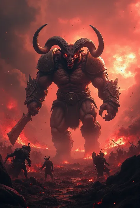 a monster warrior with the head of a ram, leading an army of demons to war, war scene, chaos and destruction, heavy fighting