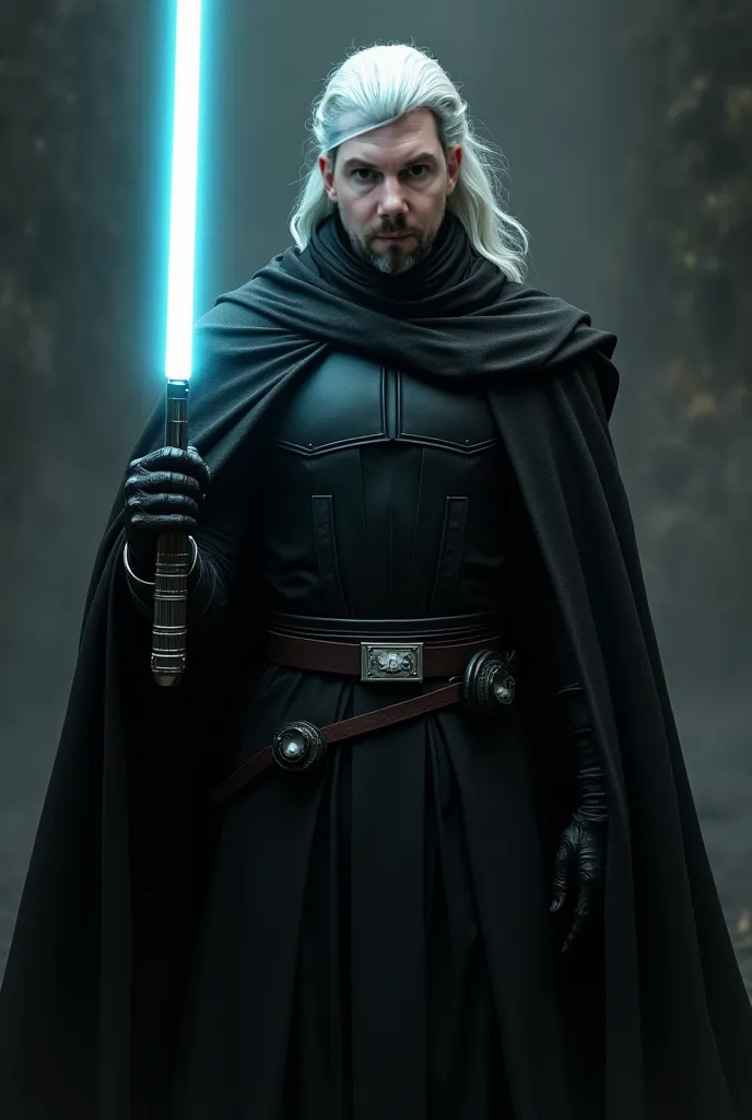 white hair with black armor and a robe a dark look at the camera with a lightsaber and a scar on the face