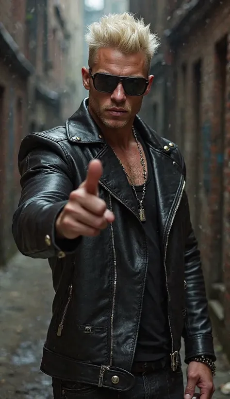 Create super-realistic, super-detailed, 128K, 3D image with enhanced colors and details ,high fashion photo, A muscular platinum blond guy hard rocker  with a clean face and sunglasses standing gritty urban setting gives the rock sign towards camera, He we...