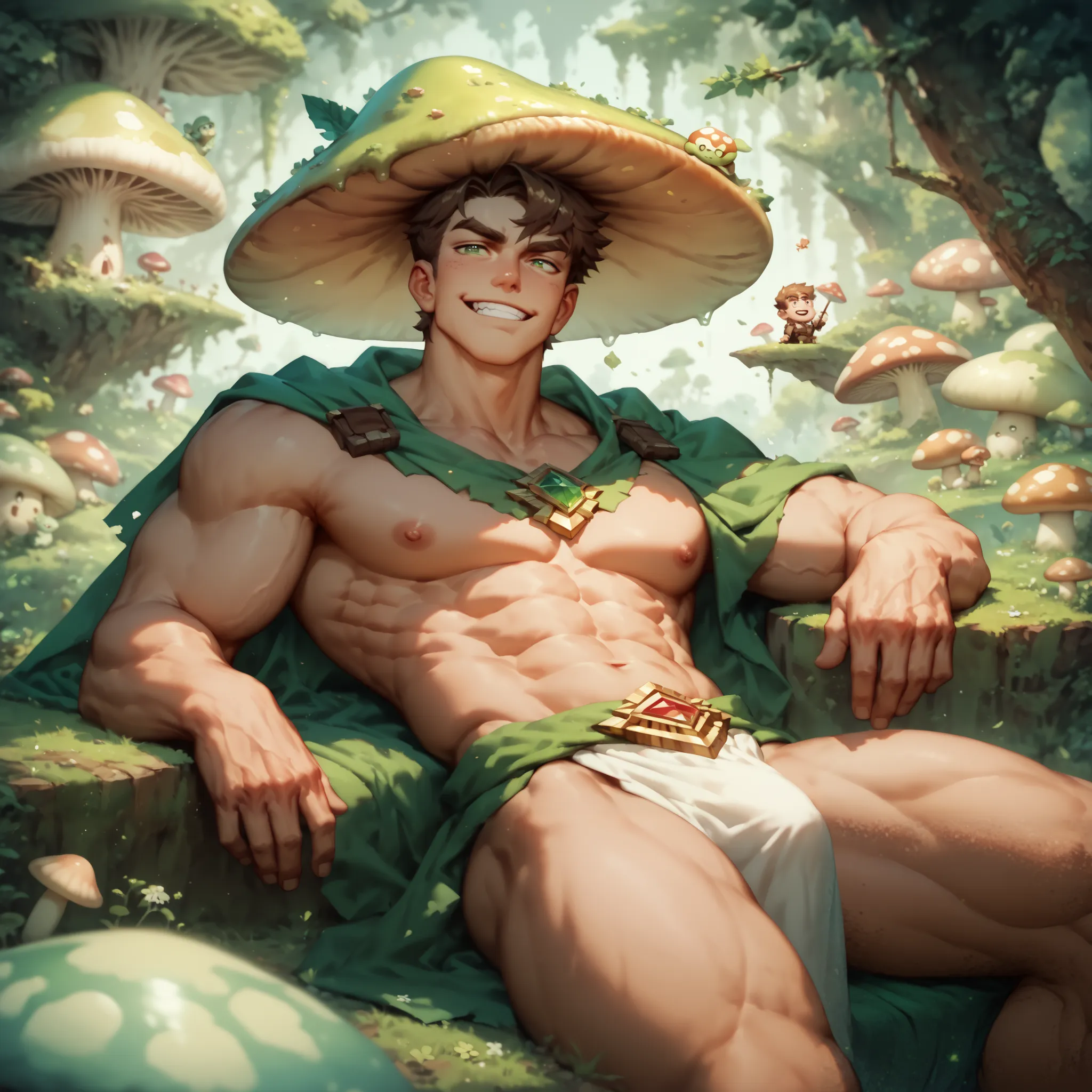 ((Oil painting style, Masterpiece)) slug creature, male, handsome, slimy body, slimy skin, wearing a sheer loin cloth, slight bulge, leaning back against giant mushroom, caramel-colored skin, emerald colored eyes, slight smirk, square jaw, 