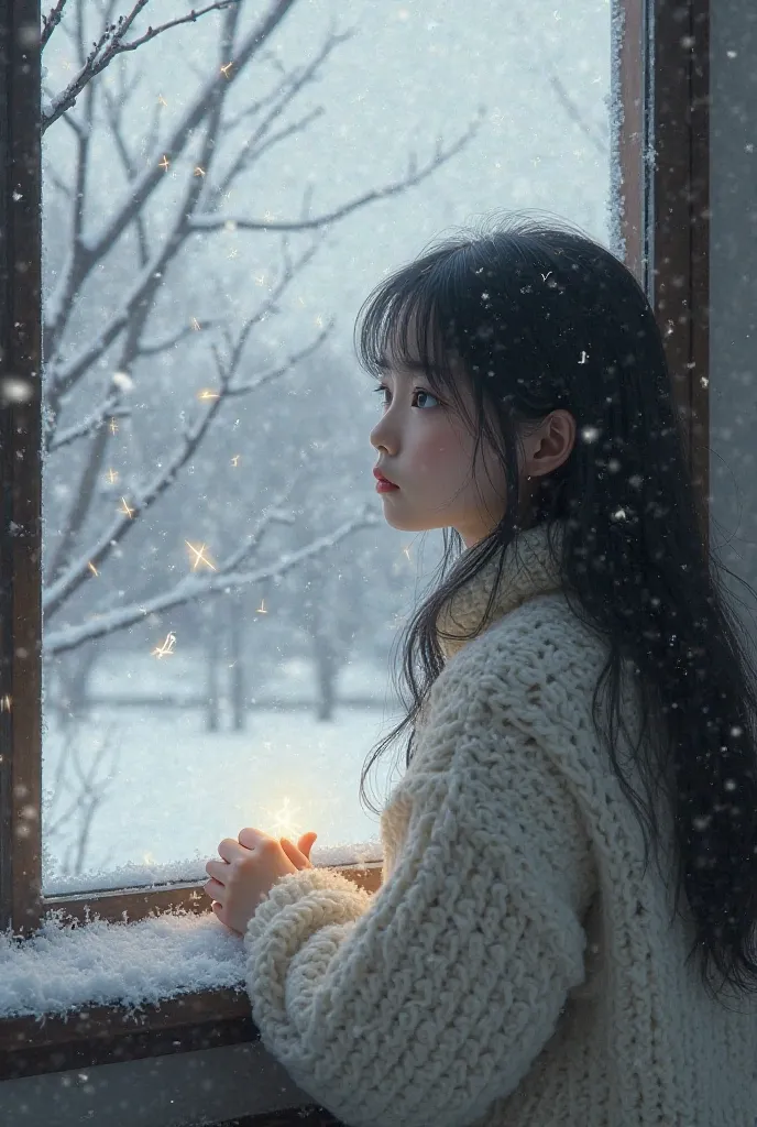 Korean girl looking out her window while listening to music, and there is snowing outside, winter vibe 