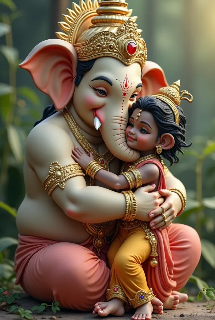 Cute little ganesha hugging cute little krishna 