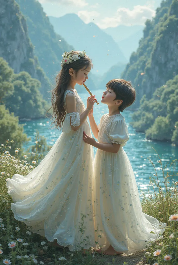 A girl weared a beautiful dress and who skin color is white and walking with a boy who skin color is blue and who have a flute in the hand