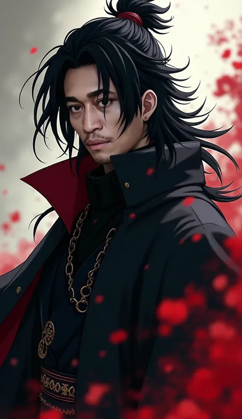 Real life adaption of this character,his name is Itachi uchiha from anime Naruto,adult handsome face,realistic long messy hair,realistic outfit with Black cloak with red cloud,realistic light,realistic shadow,realistic background,(photorealistic:1.2)