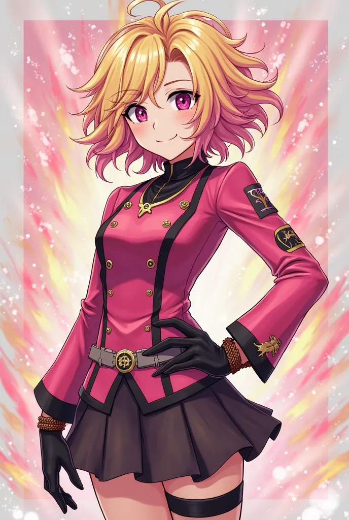 my hero academy,  generated feminine ,  His hair is wavy , short and blond with pink highlights, Ojos Miel Pulando a Rosa, has a skirt and is pink with black, includes elements of Aizawa Shota's costume, and has gloves and some other elements since his qui...