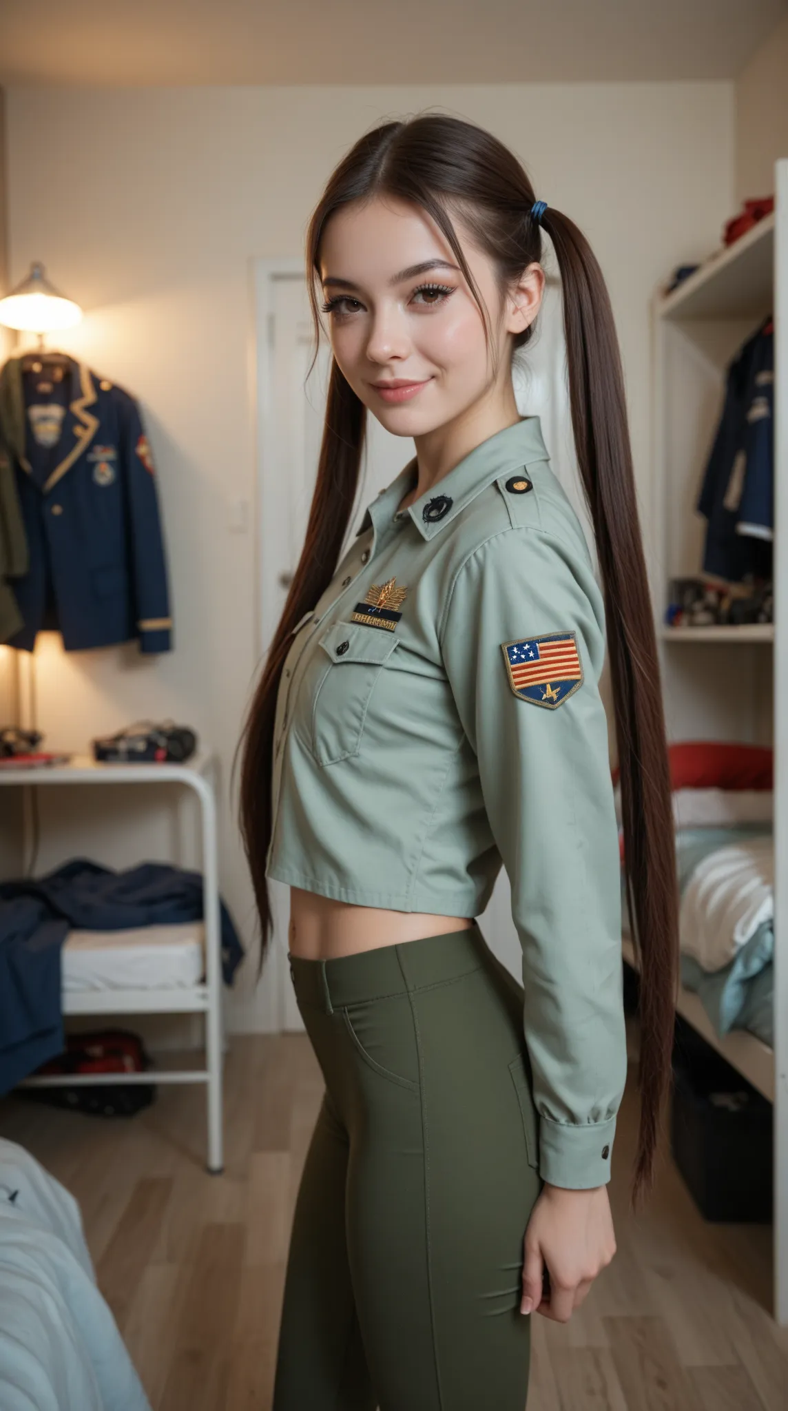 sweet girl, in a dorm room, in military tight pants, at night, naughty face, long eyelashes, staying, straight hair with long pigtails, front view, from back to the viewer