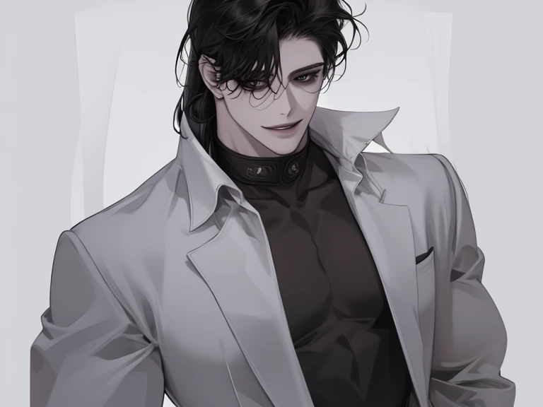 male, solo, adult, pale_skin, fair_skin, muscular, tall, black hair, ((mullet hair)), No decoration, loose shirt, black eyes, tsurime, slanted_eyes, formal_gray dress, smile, simple background, illustration, upper_body, front view,