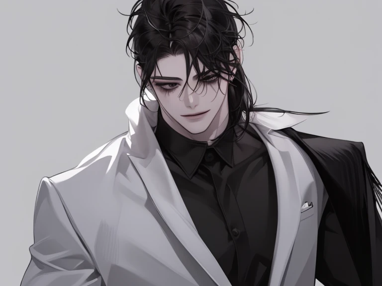 male, solo, adult, pale_skin, fair_skin, muscular, tall, black hair, ((mullet hair)), No decoration, loose shirt, black eyes, tsurime, slanted_eyes, formal_gray dress, smile, simple background, illustration, upper_body, front view,