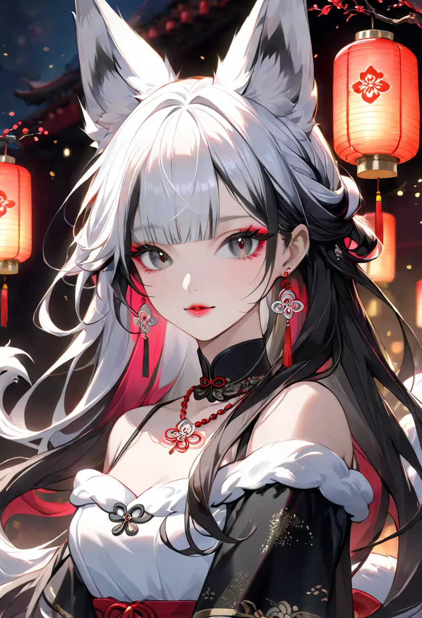  masterpiece, best quality,    portai    , (white black: 1.4), [     glitter], [  Stare at the Audience  , portrait, art ], (long hair,  lantern, Wave Curl,  Multi-colored twists by 1 beautiful Chinese girl: 1.3,     fluffy fox ears, ),   White Off-the-Sho...