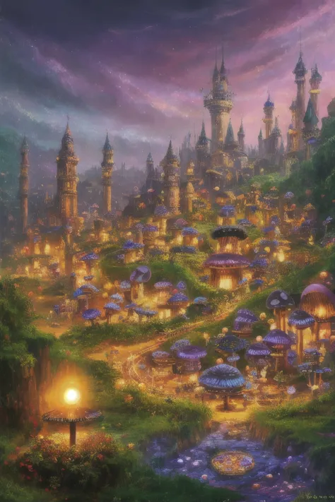 Mushroom City, electronic circuit, Magica-a fantasy scene with a city of shiny mushrooms and a magical electronic circuit, photorealistic, 4K, oil painting, fantasy setting, bright lights, vibrant colors,  extreme details