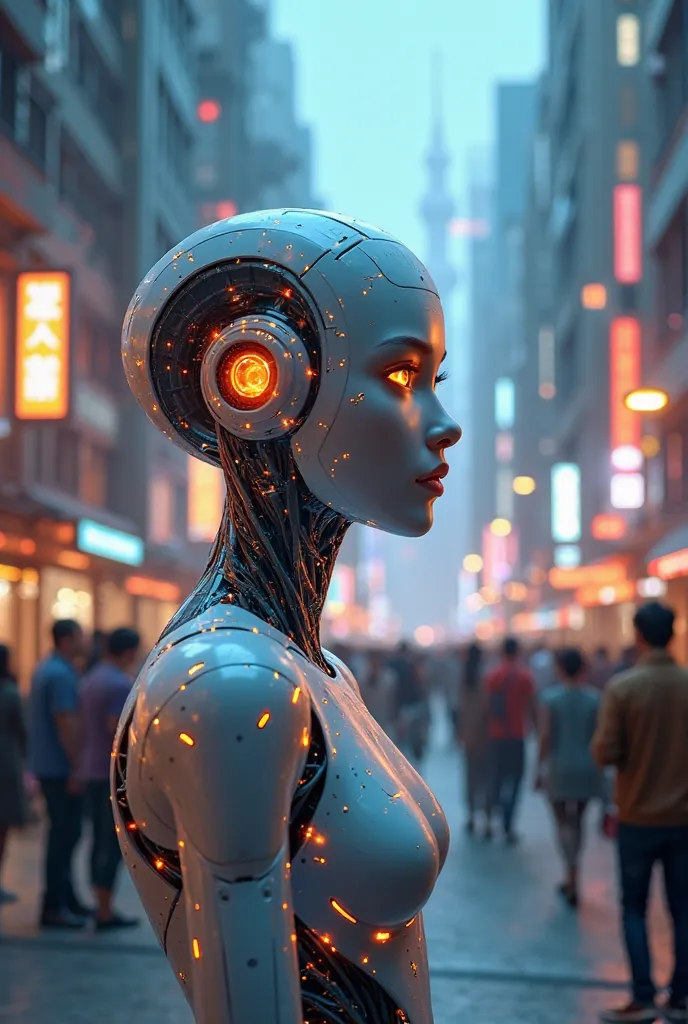 Scene Composition:
A futuristic holographic humanoid robot stands at the center, glowing with soft blue-white light and warm orange accents. Its robotic face features a sleek metallic surface with a geometric, mechanical hairstyle—angular panels or fiber-o...