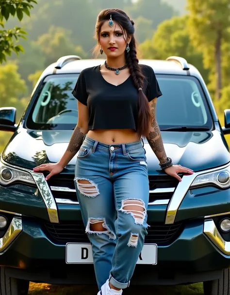  A BEAUTIFUL PUNJABI GIRL, WEARING BLACK TSHIRT, AND BLUE RIPPED JEANS, WHITE SNIKERS, BREAST SIZE 38D, AT FARM HOUSE, ON BONET OF FORTUNER CAR, MANG TIKKA ON FORHEAD, PLENTY OF BLACK BANGLES IN BOTH HANDS, HEENA ON BOTH ARMS side braid, single braid, UHD,...