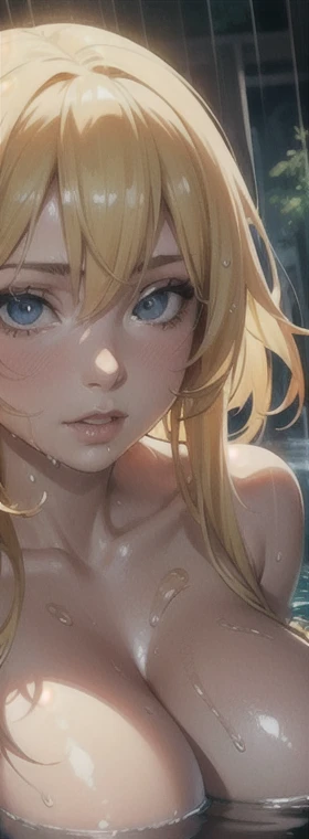 blond haired woman sitting ,  huge breasts, glowing skin,  seductive anime girl, (ultra-realistic image), Beautiful and detailed body and face, wet from the rain, ( hyperrealistic fantastic art ), cinematic shot, soaked,  breathtaking beauty, corpo sexy, C...