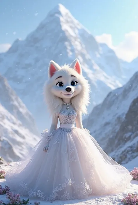 Everest from the Paw Patrol wearing a wedding dress with a belt at the waist 